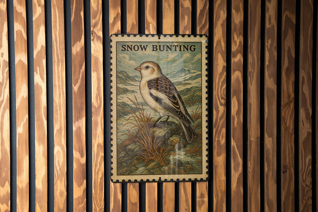 A postage stamp featuring a bird, likely a sparrow, is displayed on a wooden wall.