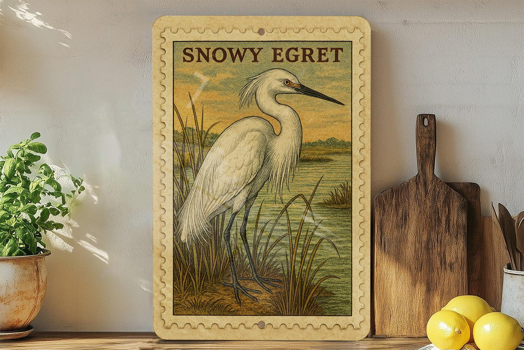 A framed illustration of a snowy egret standing in a grassy area, with a wooden cutting board and a potted plant to the side.