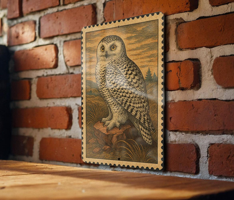 a framed illustration of a white owl perched on a rock, set against a brick wall.