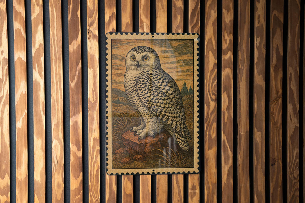 A framed illustration of a white owl is displayed on a wooden wall.