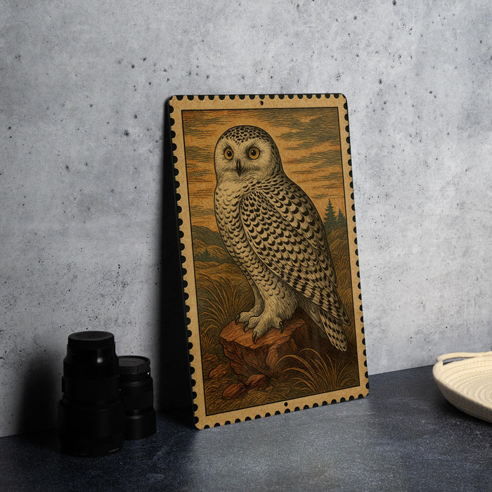 A framed illustration of a snowy owl is displayed on a wall, with a stack of black camera lenses and a white dish visible to the side.