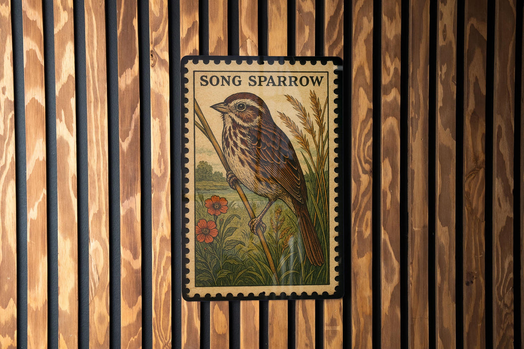 A postage stamp featuring a detailed illustration of a bird, specifically a sparrow, perched on a branch with flowers.