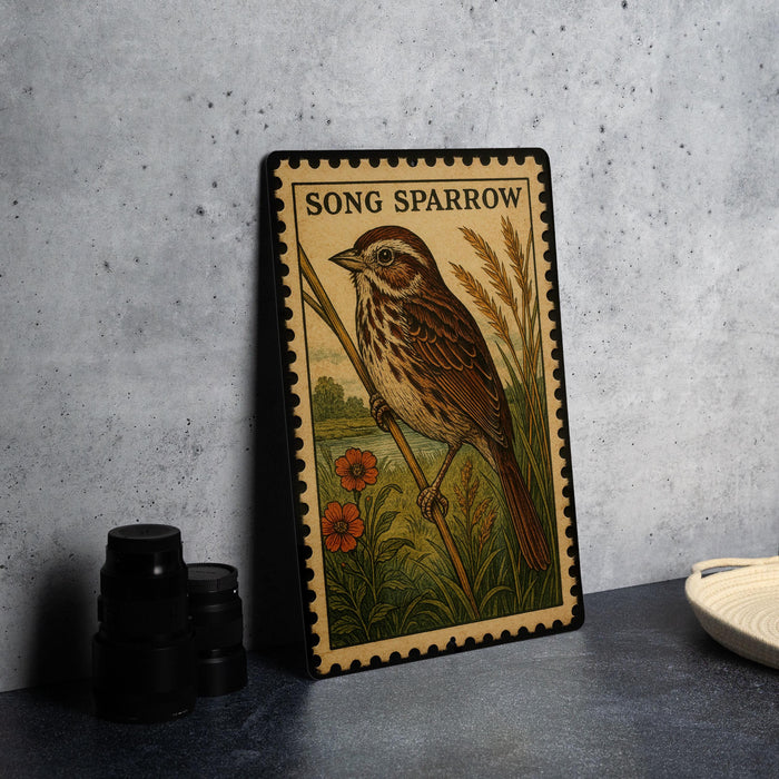 A framed illustration of a sparrow is displayed on a table, with a plate and a stack of black camera lenses to the left.