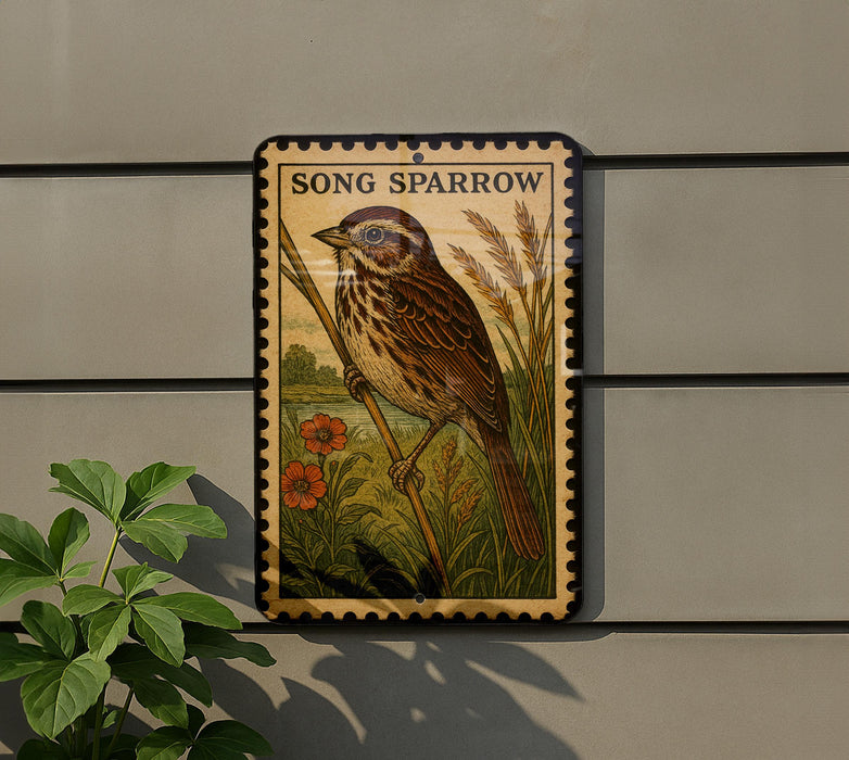 A framed illustration of a bird, specifically a sparrow, is displayed on a wall.