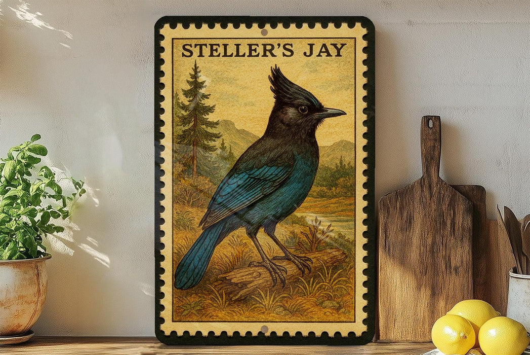 A framed illustration of a blue bird, likely a jay, is displayed on a shelf next to a wooden cutting board and some lemons.