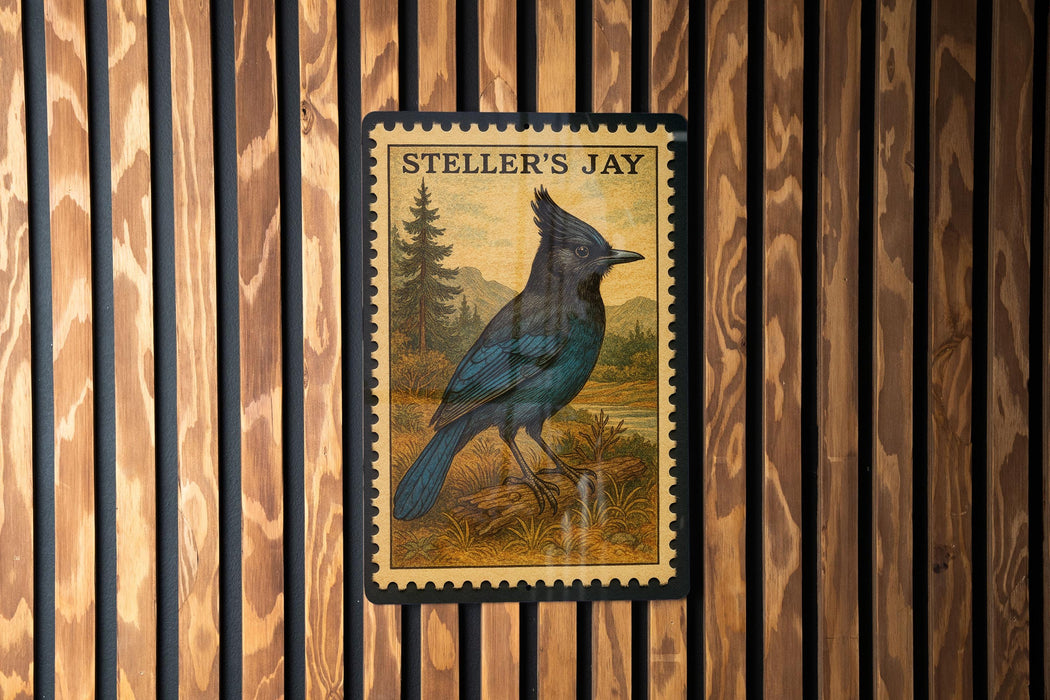 A postage stamp featuring a blue jay perched on a branch, with the text "Steller's Jay" printed on it.