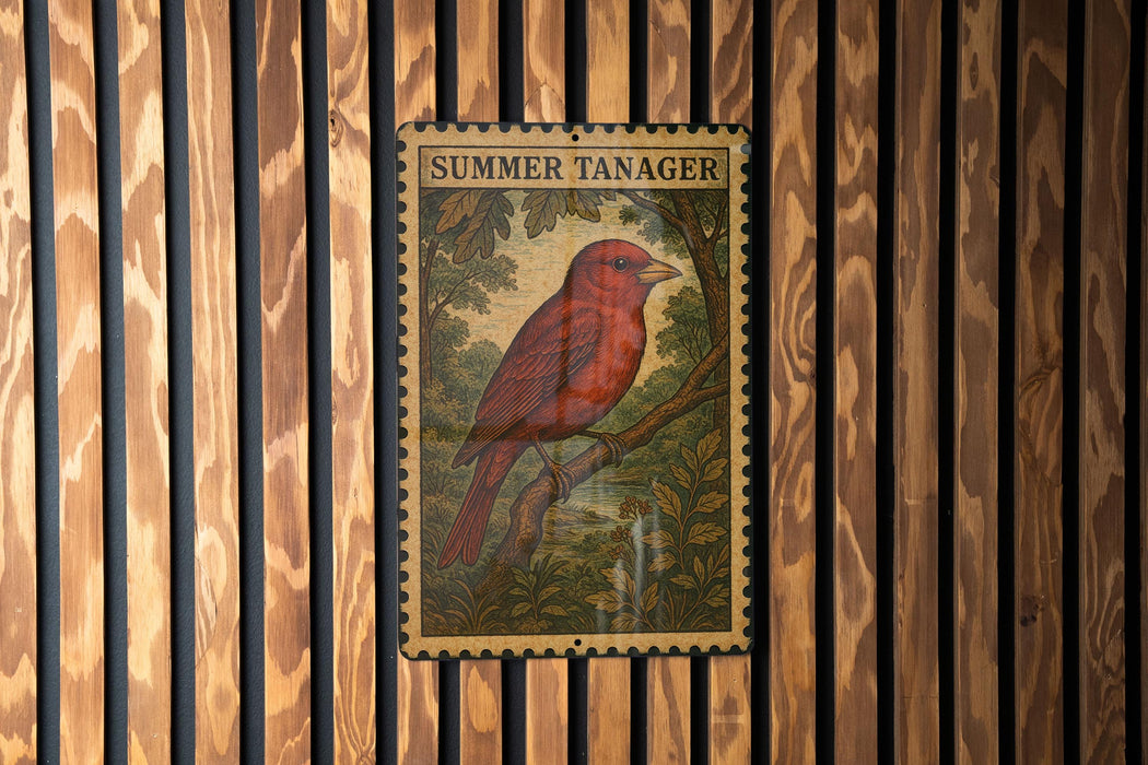 A metal sign with a red bird perched on a branch, mounted on a wooden wall.