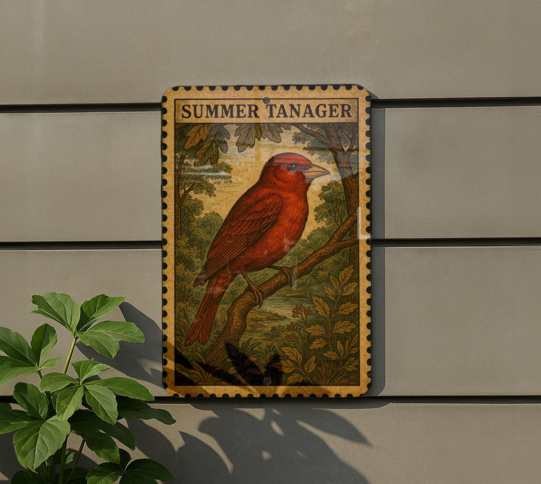 a red bird perched on a branch, with a plant to the left of the frame.