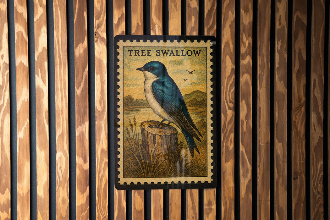 A framed illustration of a blue bird perched on a tree stump, with the text "TREE SWALLOW" on the frame.