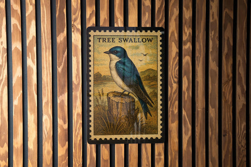 A framed illustration of a blue bird perched on a tree stump, with the text "TREE SWALLOW" on the frame.