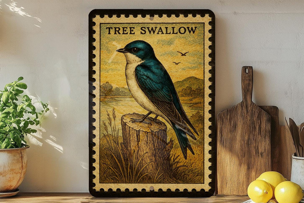 A framed illustration of a blue and white bird perched on a tree stump, with a vintage-style border, is displayed on a shelf next to a wooden cutting board and a potted plant.