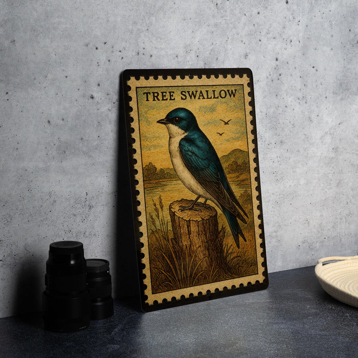 A framed illustration of a blue bird perched on a tree stump, with the text "TREE SWALLOW" on the frame.