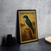 A framed illustration of a blue bird perched on a tree stump, with the text "TREE SWALLOW" on the frame.
