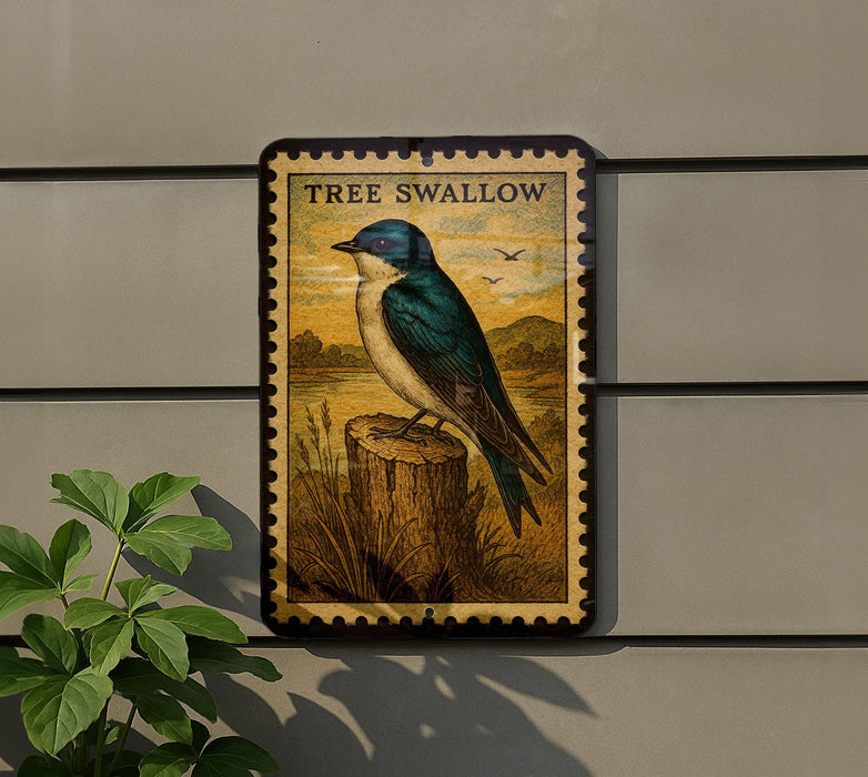 a bird, specifically a blue and white swallow, perched on a tree stump.