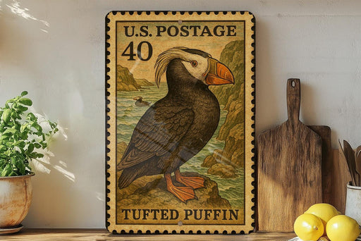 A framed postage stamp depicting a puffin bird, with the text "U.S. POSTAGE 40" and "TUFTED PUFFIN" printed on it. The stamp is displayed on a shelf next to a wooden cutting board and a potted plant.