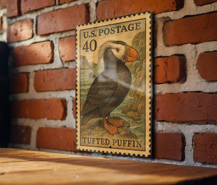 A U.S. postage stamp featuring a puffin bird is displayed on a brick wall.