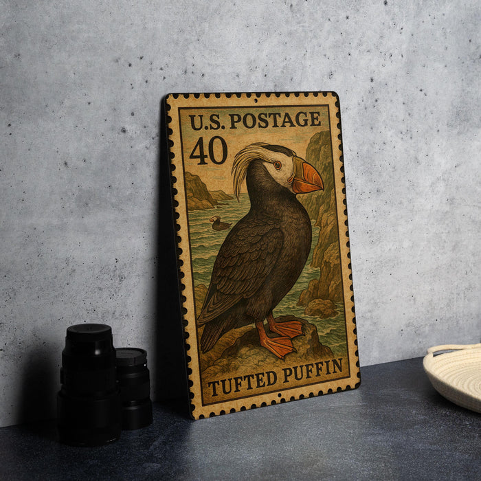 A U.S. postage stamp featuring a puffin bird, with the number 40 on it, is displayed on a table.