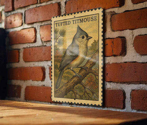 a wooden table with a framed illustration of a bird, specifically a Titmouse, hanging on a brick wall.