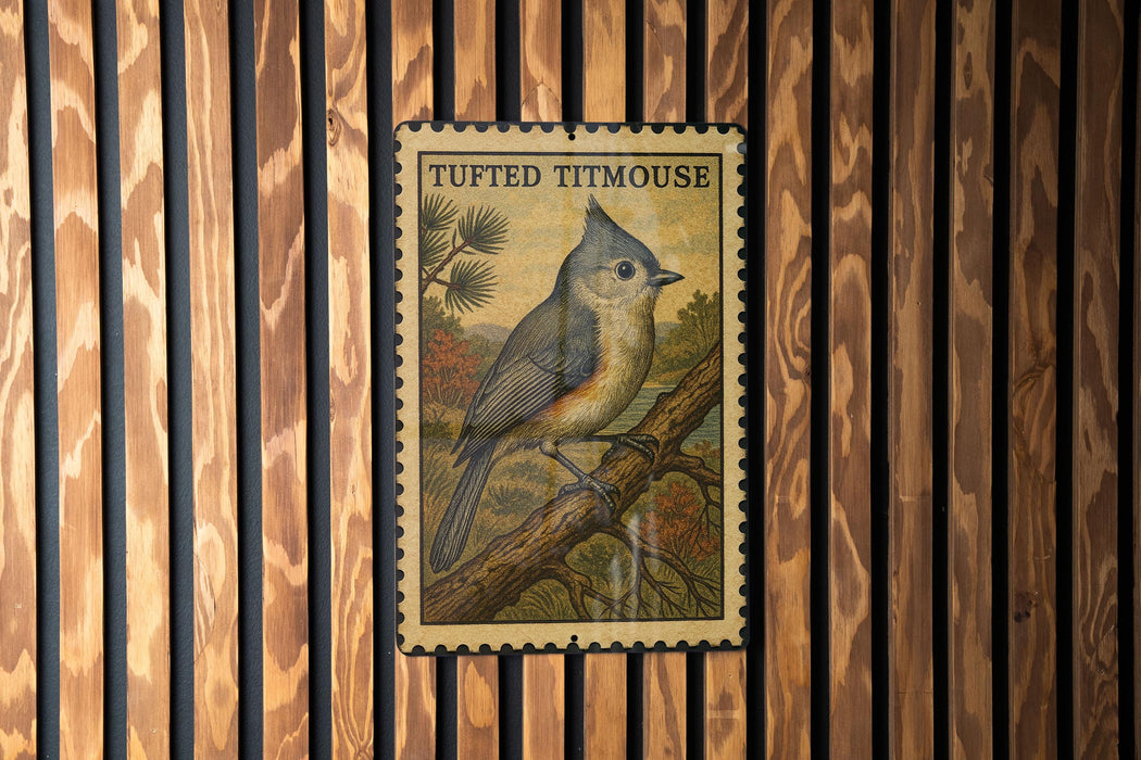 A postage stamp featuring a bird, specifically a Tufted Titmouse, perched on a branch.