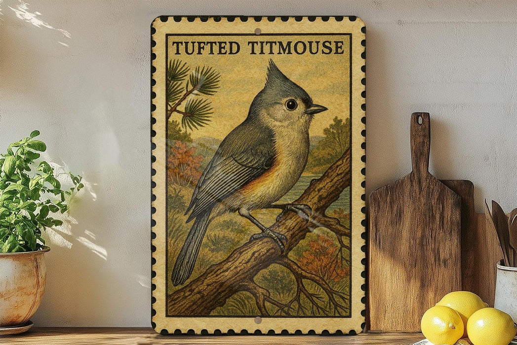 a framed illustration of a Tufted Titmouse perched on a branch, with a potted plant and kitchen utensils visible in the background.