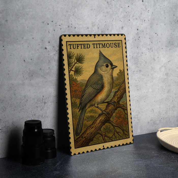 A framed illustration of a bird, specifically a Titmouse, is displayed on a wall next to a stack of black camera lenses.