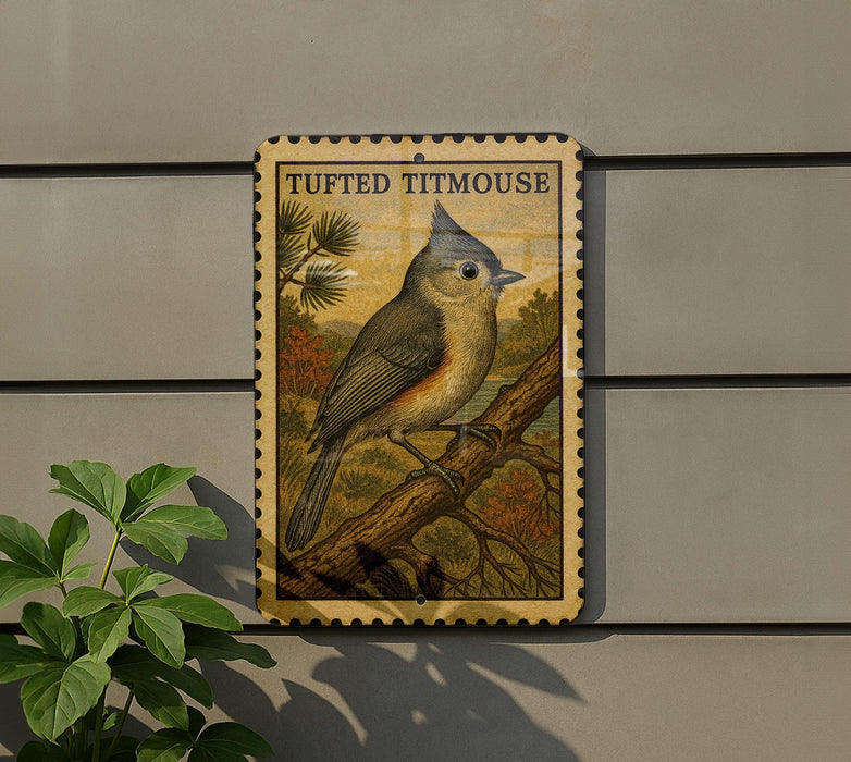 a postage stamp-style sign depicting a Tufted Titmouse perched on a branch, with a plant in the foreground.