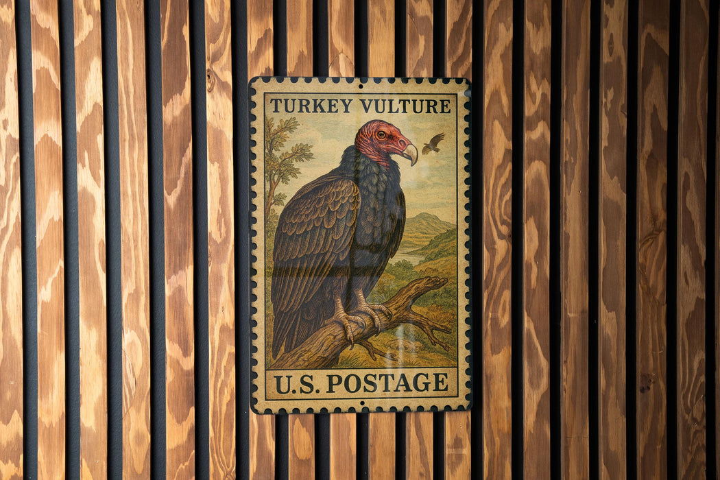 A vintage U.S. postage stamp featuring a turkey vulture perched on a branch, mounted on a wooden wall.