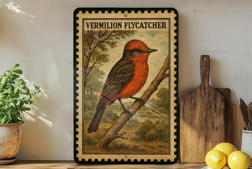 a framed illustration of a red-headed bird perched on a branch, with a vintage-style border.