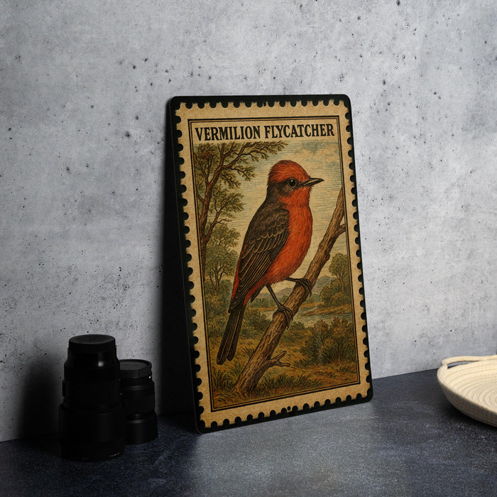 A framed illustration of a red bird, identified as a Vermilion Flycatcher, is displayed on a table.