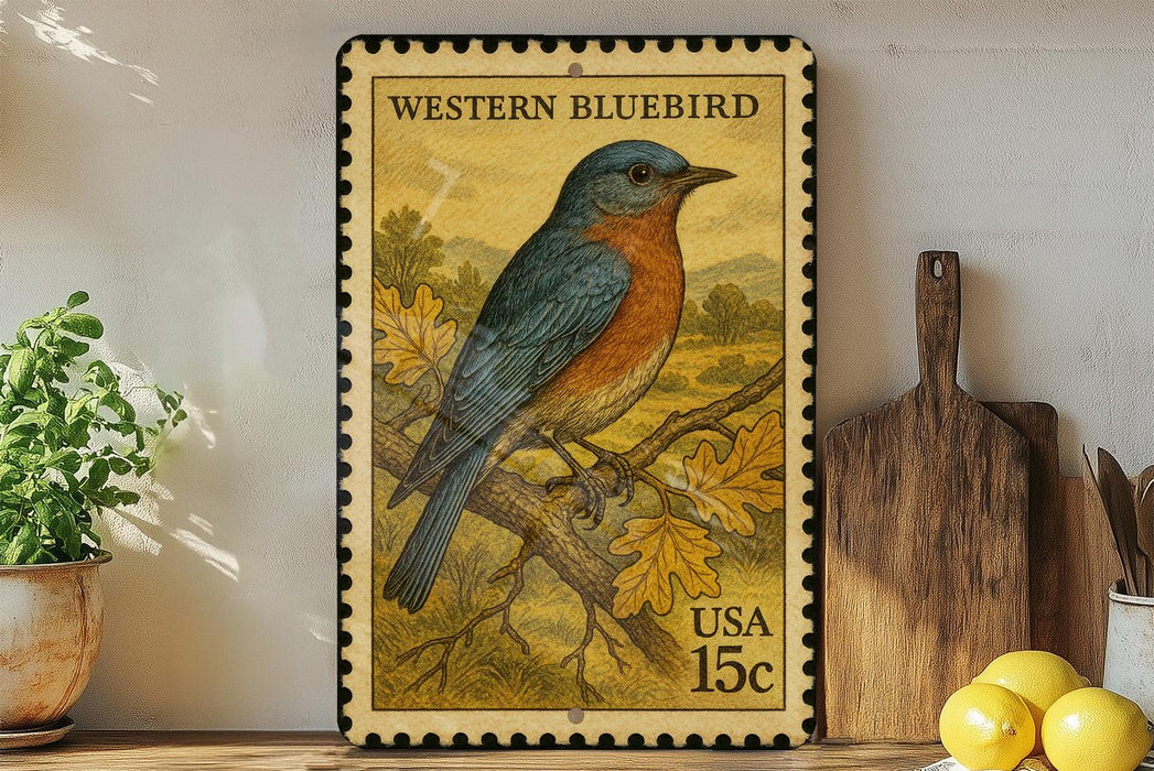 A framed postage stamp featuring a bluebird is displayed on a shelf next to a wooden cutting board and some potted plants.