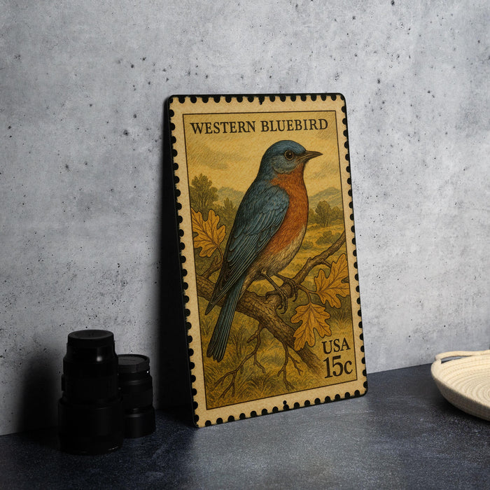 A framed Western Bluebird postage stamp is displayed on a table, with a stack of black camera lenses and a white dish visible in the background.