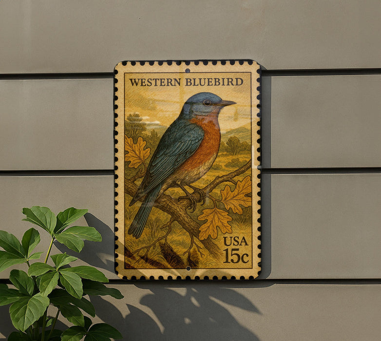 A postage stamp featuring a Western Bluebird perched on a branch, with the text "WESTERN BLUEBIRD" and "USA 15c" printed on it.