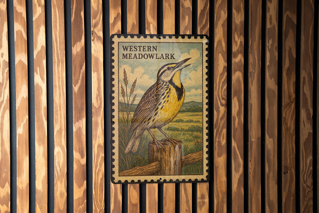 A postage stamp featuring a Western Meadowlark bird perched on a wooden post, set against a wooden background.