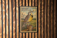 A postage stamp featuring a Western Meadowlark bird perched on a wooden post, set against a wooden background.