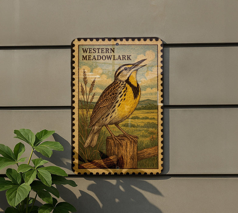 A decorative sign featuring a yellow bird perched on a wooden post, with a lush green plant in the foreground.