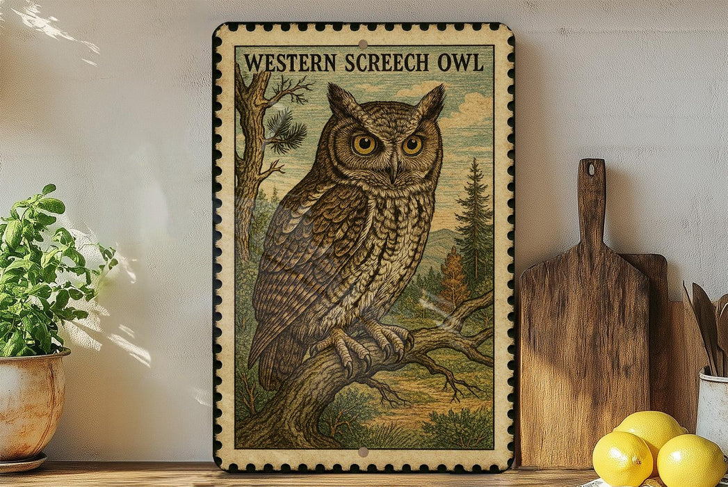 A framed illustration of a Western Screech Owl is displayed on a shelf, accompanied by a wooden cutting board, a potted plant, and some lemons.