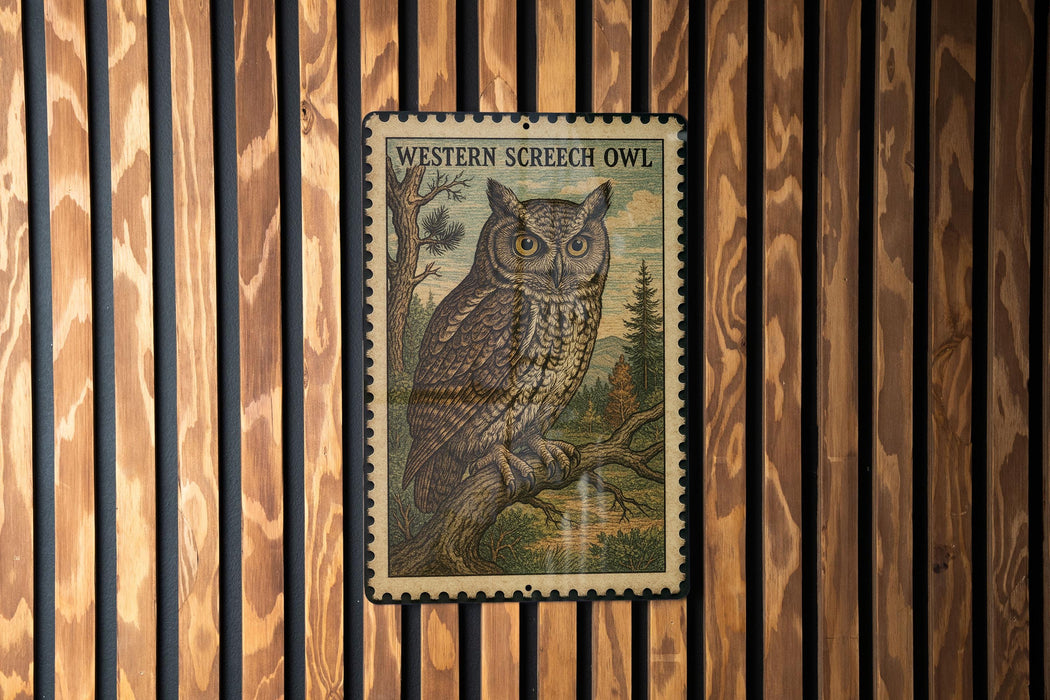 A framed illustration of a Western Screech Owl is displayed on a wooden wall.
