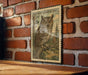 A vintage-style stamp featuring an illustration of a Western Screech Owl perched on a branch, mounted on a brick wall.