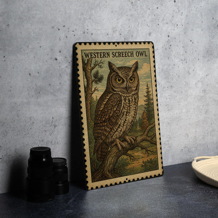 A framed illustration of a Western Screech Owl is displayed on a table, with a stack of black camera lenses and a white dish visible to the side.