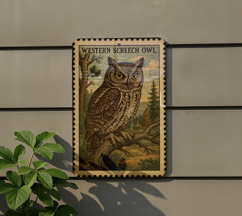 a Western Screech Owl perched on a branch, with a postage stamp-like border around it.