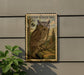a Western Screech Owl perched on a branch, with a postage stamp-like border around it.