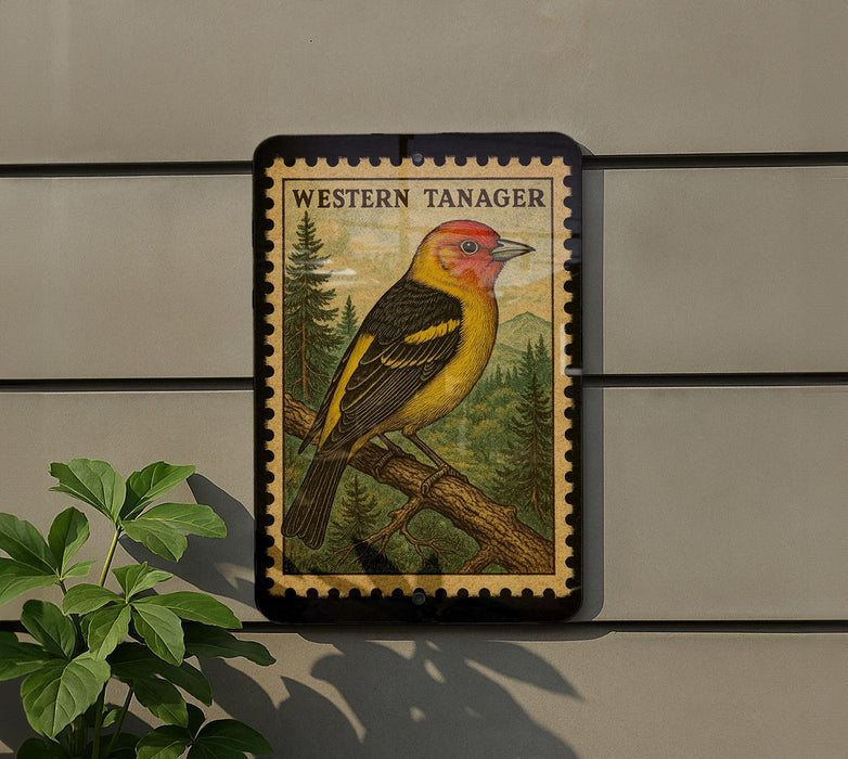 a Western Tanager bird perched on a branch, with a stamp-like border around it.