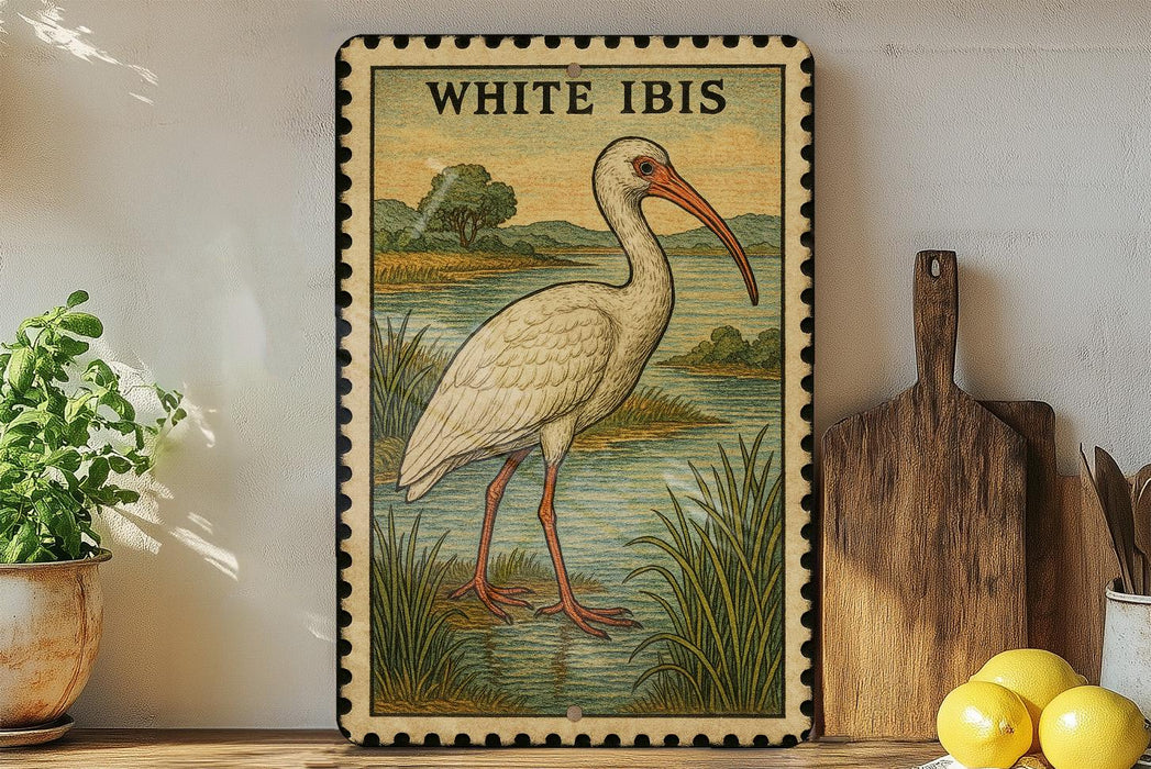 a framed illustration of a white ibis bird standing in a grassy area near a body of water, with a wooden paddle and a potted plant nearby.