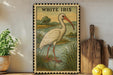 a framed illustration of a white ibis bird standing in a grassy area near a body of water, with a wooden paddle and a potted plant nearby.