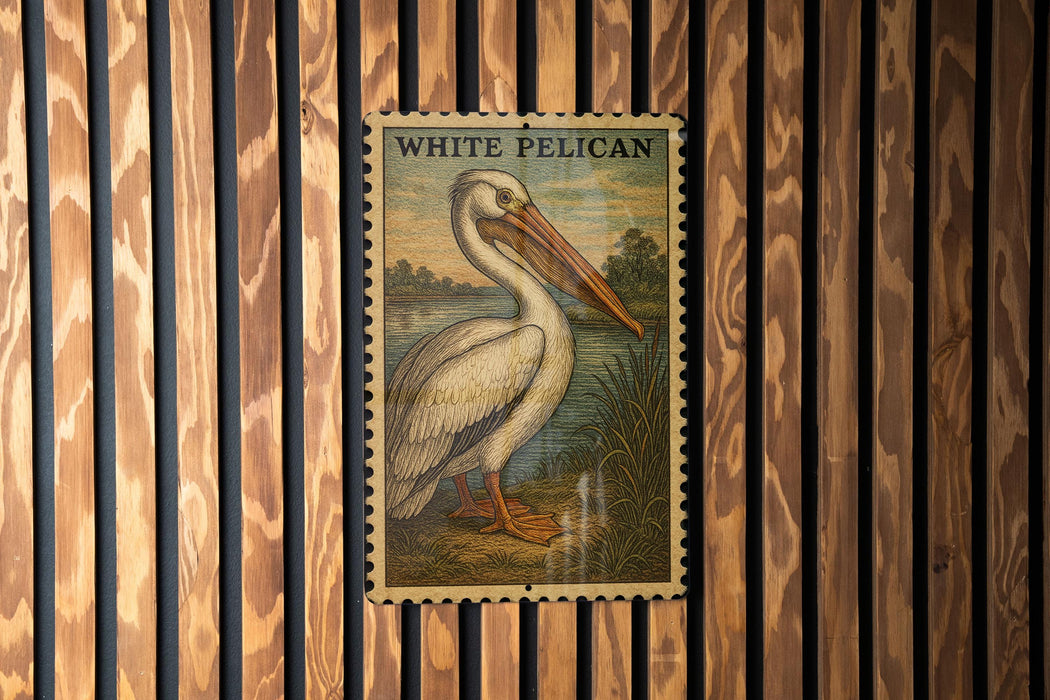 A vintage-style postage stamp featuring a pelican is displayed on a wooden wall.