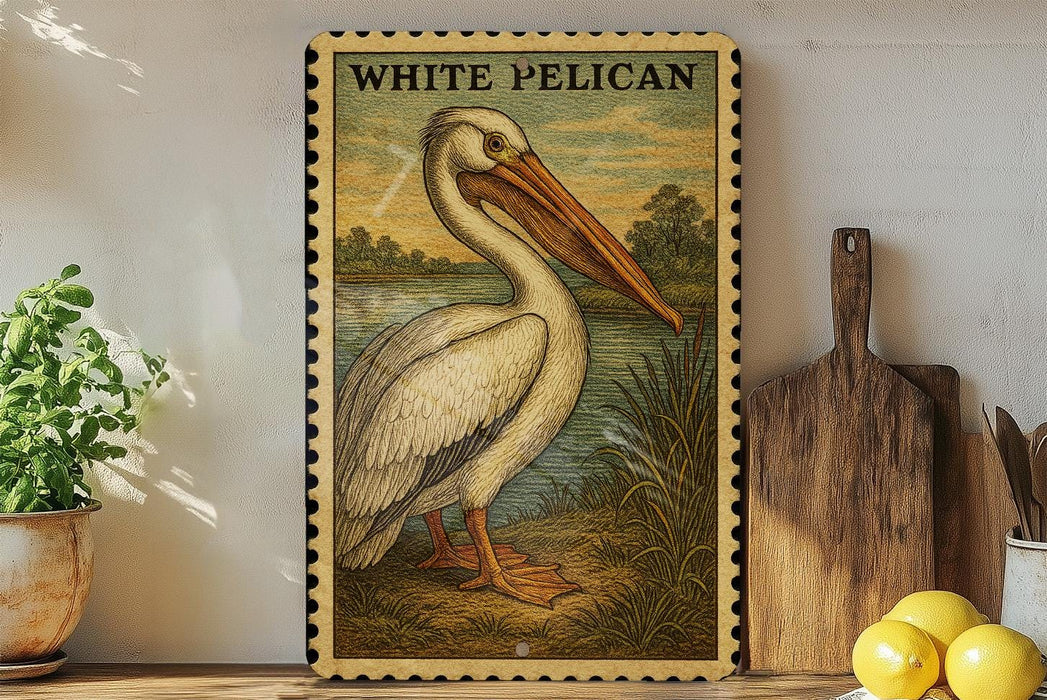 a framed illustration of a pelican, a large white bird with a long beak, standing on a grassy area near a body of water. The pelican is depicted in a detailed and realistic manner, with its distinctive features clearly visible. The framed illustration is placed on a shelf, surrounded by various kitchen utensils and items, such as a wooden cutting board, a knife, and a bowl.