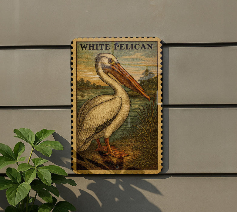 A framed illustration of a pelican is displayed on a wall, with a plant to the left of the frame.
