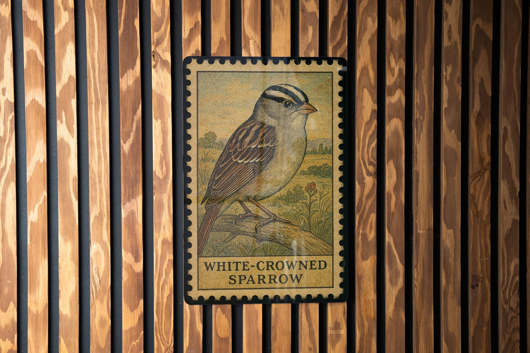 A postage stamp featuring a white crowned sparrow is displayed on a wooden wall.