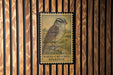 A postage stamp featuring a white crowned sparrow is displayed on a wooden wall.