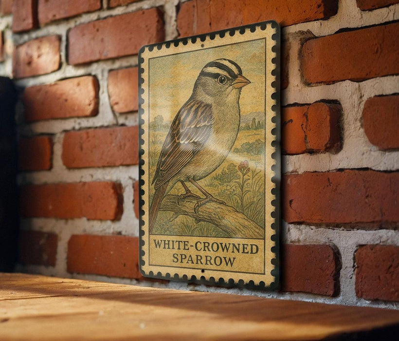 A vintage-style metal stamp depicting a white-crowned sparrow is mounted on a brick wall.